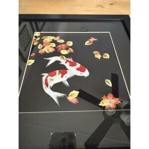 King Silk Art Koi Fishes Handmade Embroidery 13” Artwork Koi Fish Leaves Framed